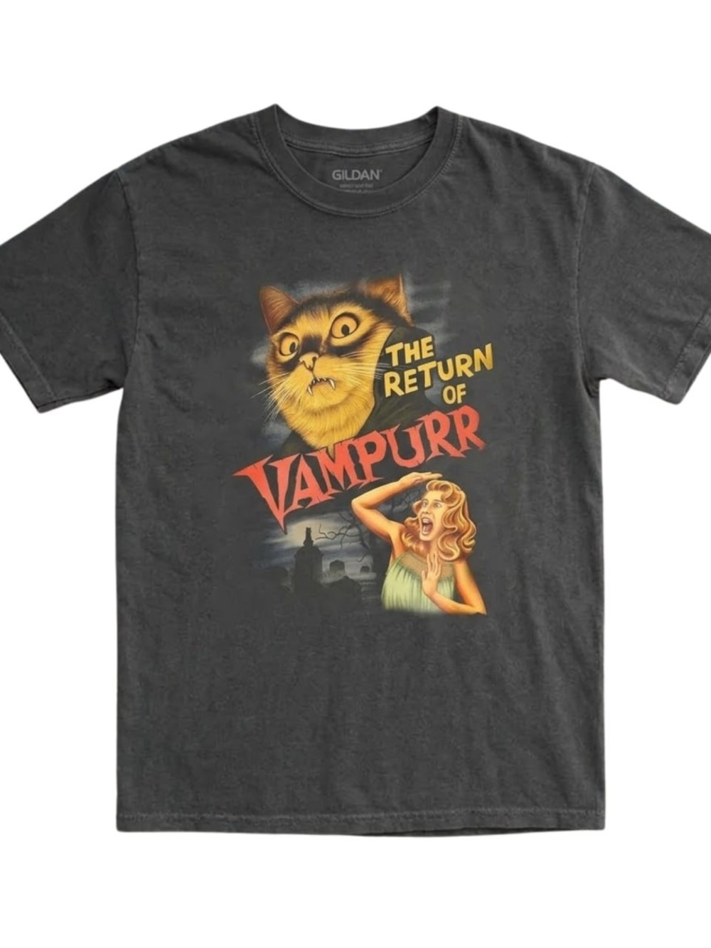 Gildan Charcoal 'The Return of Vampurr' Graphic Tee with Yellow & Red Art